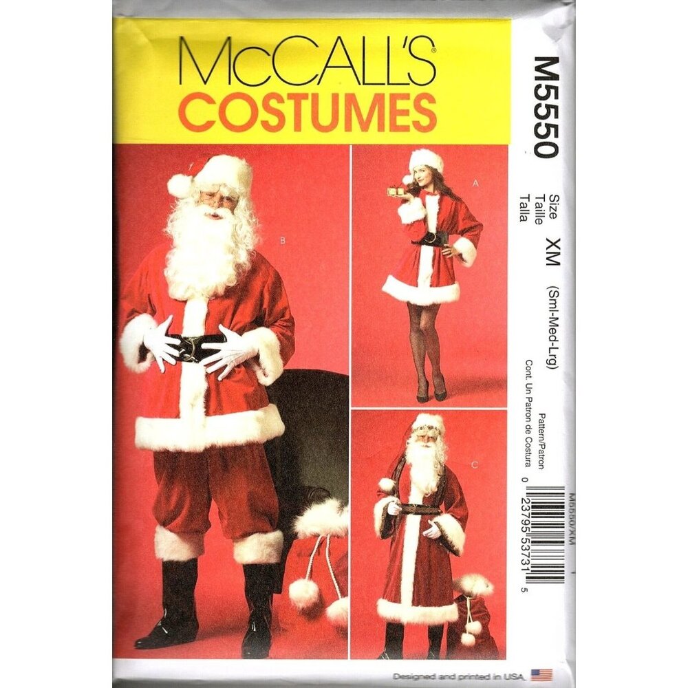 McCalls M5550 Misses and Mens S to L Santa Costumes and Bag Uncut Sewing Pattern
